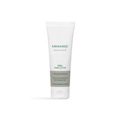 CHILL hand lotion in a white Karmameju tube with a grey label, travel size, on a white background