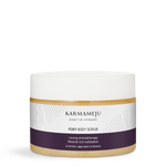 Karmameju FOXY salt body scrub in a jar with a white lid and plum label