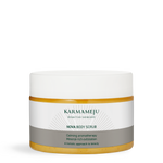 NOVA salt body scrub in a Karmameju jar with white lid and grey label on a white background